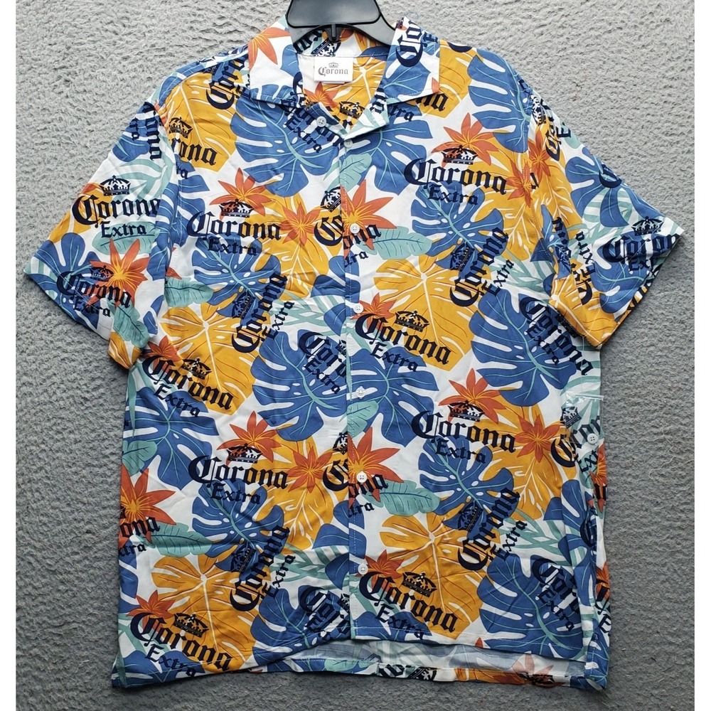 Corona Extra Shirt Mens M‎ Multi Leaf Print Short Sleeve Slit Collar Button Up